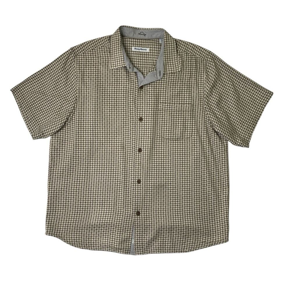 Tommy Bahama Shirt Men XL Silk Shasta Shores Check Silk Camp Short Sleeve Pocket
